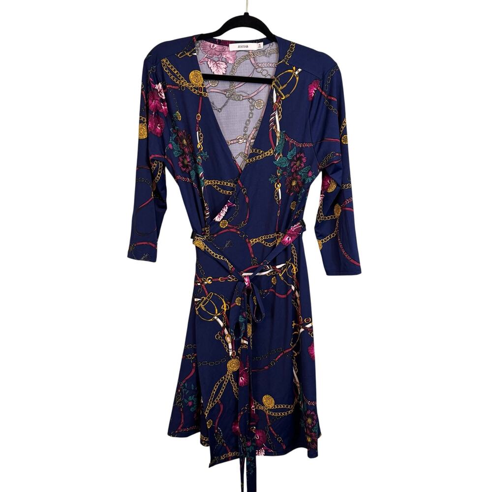 JustFab Mini Wrap Dress XL Blue Multi Chain Floral Tie Waist Surplice Equestrian